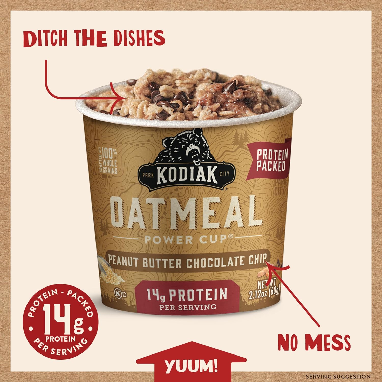 Kodiak Cakes Instant Oatmeal Cups, Peanut Butter Chocolate Chip, High Protein, 100% Whole Grains, (12 cups) : Everything Else