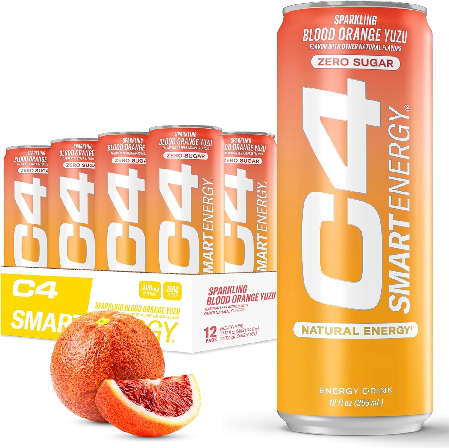 C4 Smart Energy Drink – Boost Focus And Energy With Zero Sugar, Natural Energy, And Nootropics - 200Mg Caffeine - Blood Orange Yuzu (12Oz Pack Of 12)