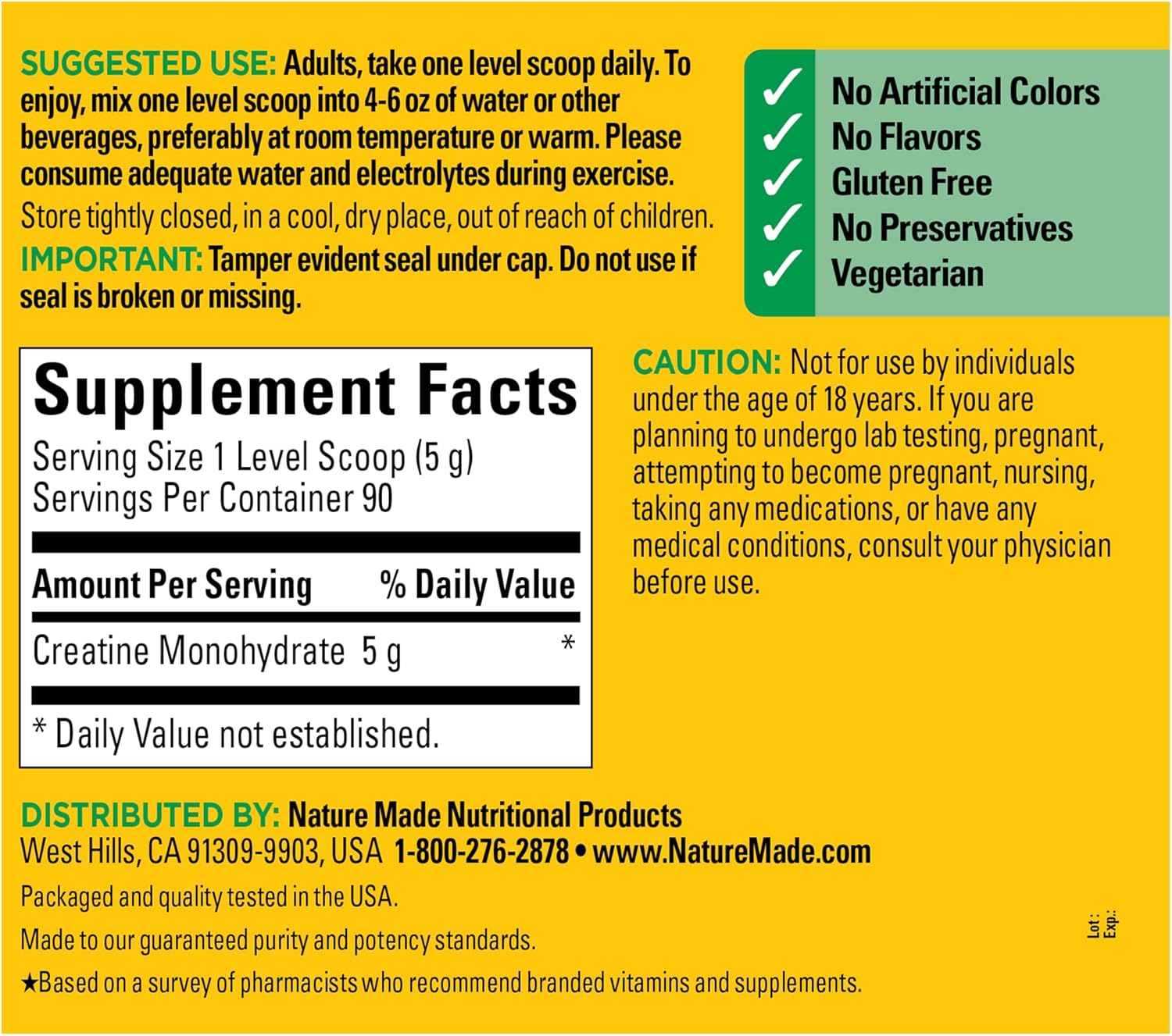 Nature Made Creatine Monohydrate Powder 5 G Per Serving, Unflavored Drink Mix Powder, Muscle Support, 450 G, 90 Day Supply : Health & Household