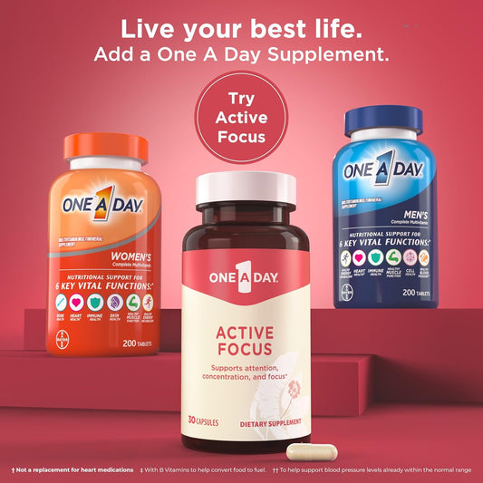 One-A-Day Brain Supplement – Brain Supplements For Memory And Focus Support, Concentration And Focus Support, Focus Supplement For Adults With L-Theanine, Caffeine And Ginseng, 30 Capsules