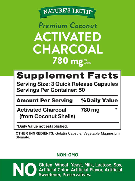 Nature'S Truth Activated Charcoal Capsules 780Mg | 150 Pills | Value Size | Non-Gmo, Gluten Free Pills