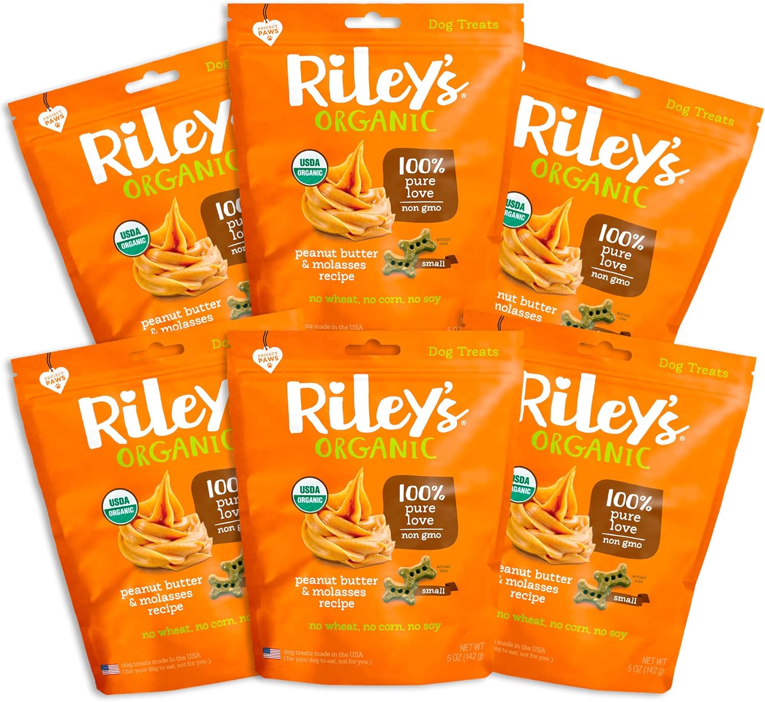 Riley'S Organic Peanut Butter & Molasses Biscuit Small Bone Dog Treats - Pack Of 6