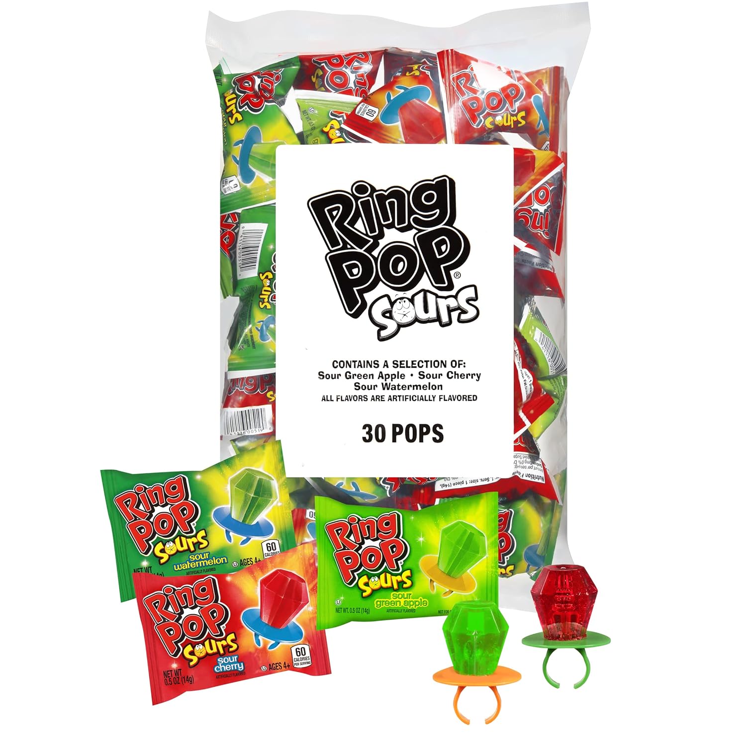 Ring Pop Sours Individually Wrapped Bulk Lollipop Variety Party Pack – 30 Count Lollipop Suckers W/ Assorted Flavors For Kids - Fun Sour Candy Bulk For Birthdays, Party Favors, & Celebrations