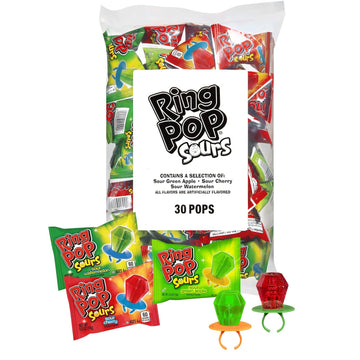 Ring Pop Sours Individually Wrapped Bulk Lollipop Variety Party Pack – 30 Count Lollipop Suckers W/ Assorted Flavors For Kids - Fun Sour Candy Bulk For Birthdays, Party Favors, & Celebrations