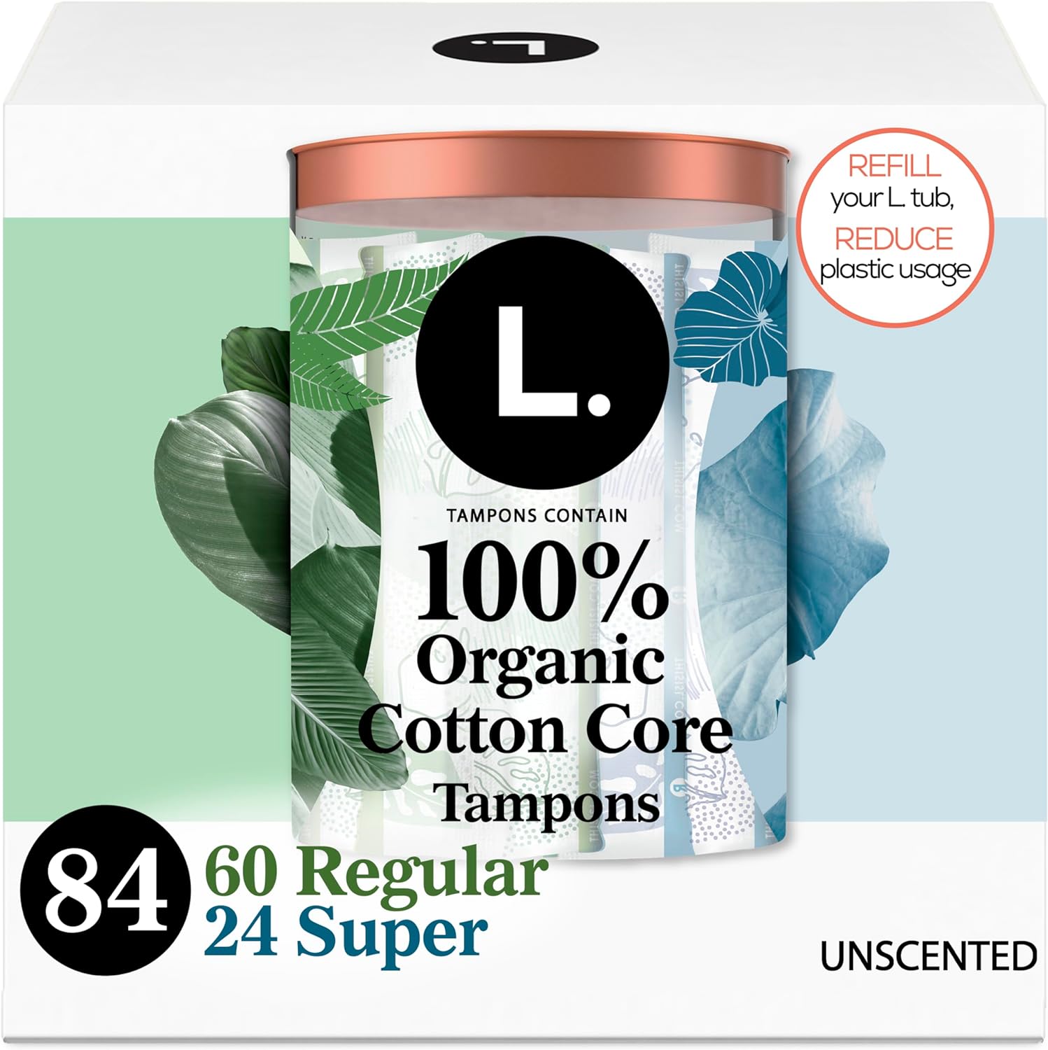 L. Organic Cotton Tampons Multipack - Regular + Super 42 Count x 2 Packs (84 Count Total) (Packaging May Vary)