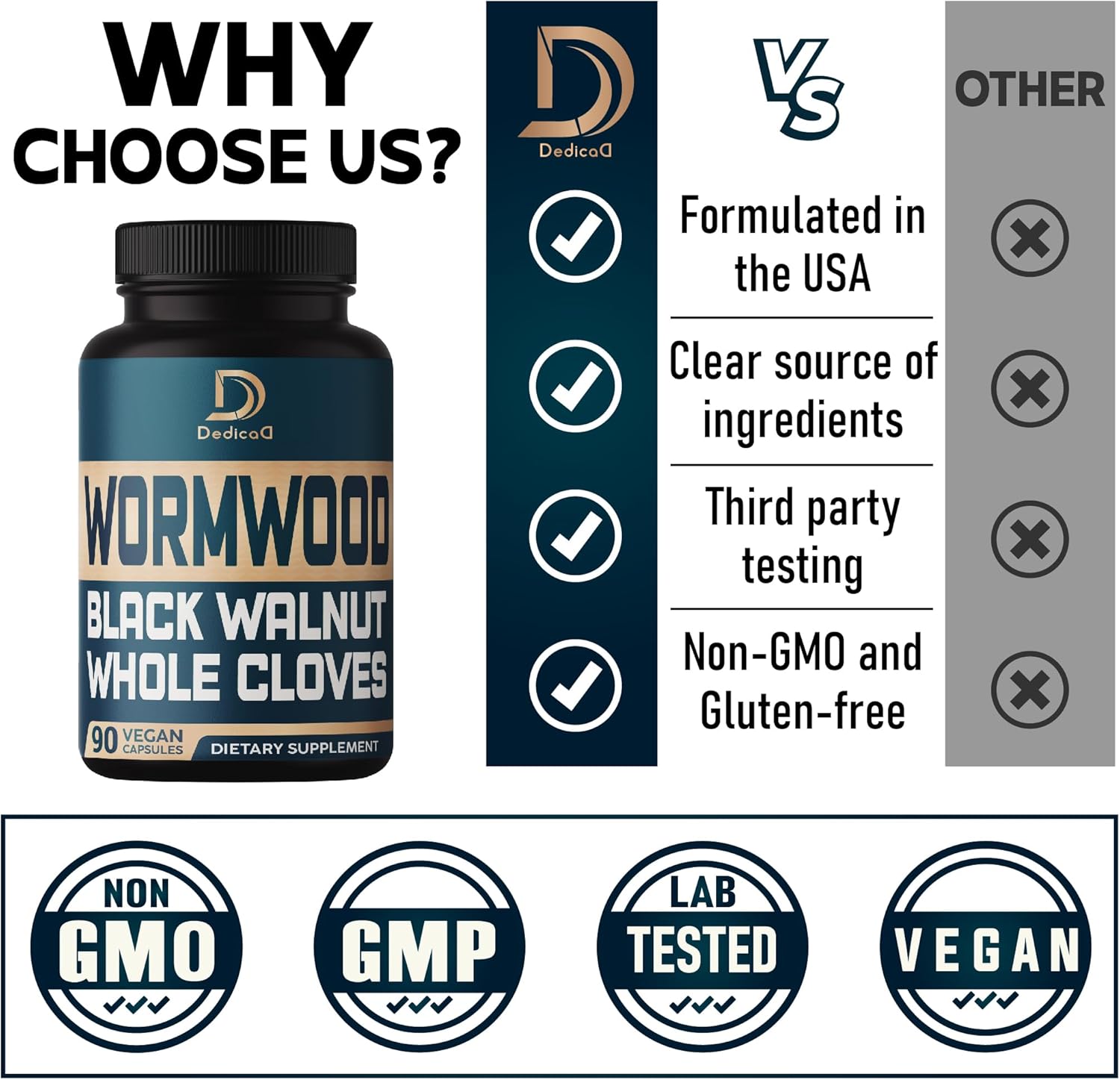 Dedicad 12In1 Wormwood Black Walnut Clove Capsules - Digestive, Immune, And Mood Support - 3 Month Supply - 90 Vegan Capsules : Health & Household