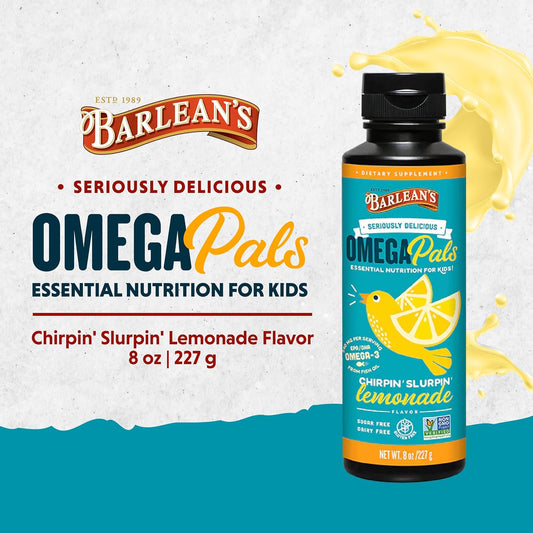 Barlean's Omega Pals Chirpin' Slurpin' Omega 3 for Kids, Yummy Lemonade Flavored Children's Liquid Fish Oil Supplement with 540 mg of EPA & DHA for Brain & Eye Health, 8 oz