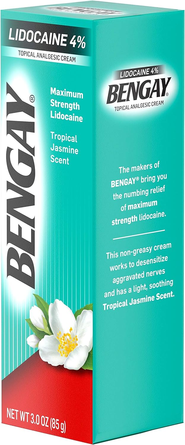 Bengay Pain Relieving Lidocaine Cream, Non-Greasy Topical Analgesic Cream with The Maximum Strength Numbing Relief of 4% Lidocaine HCl, Pleasant and Soothing Tropical Jasmine Scent, 3 oz : Health & Household
