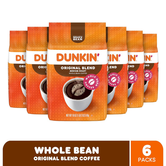 Dunkin' Original Blend Medium Roast Whole Bean Coffee, 18 Ounce (Pack Of 6)