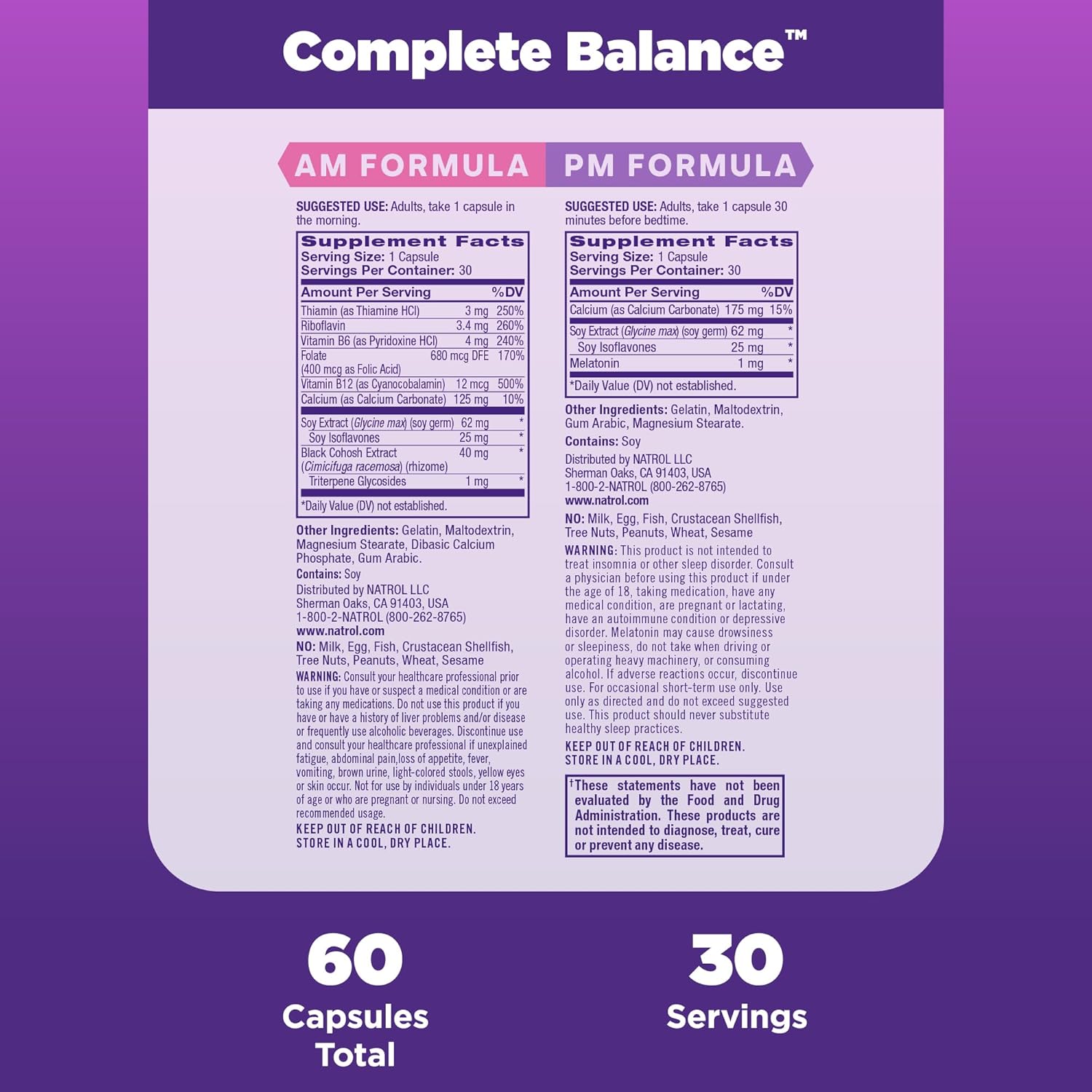 Natrol Complete Balance A.M./P.M. Supplement Helps Relieve Hot Flashes and Night Sweats, Complete Day and Night Menopause Support, Provides Mood Support, Hormone Free, 60 Count (Pack of 12) : Health & Household