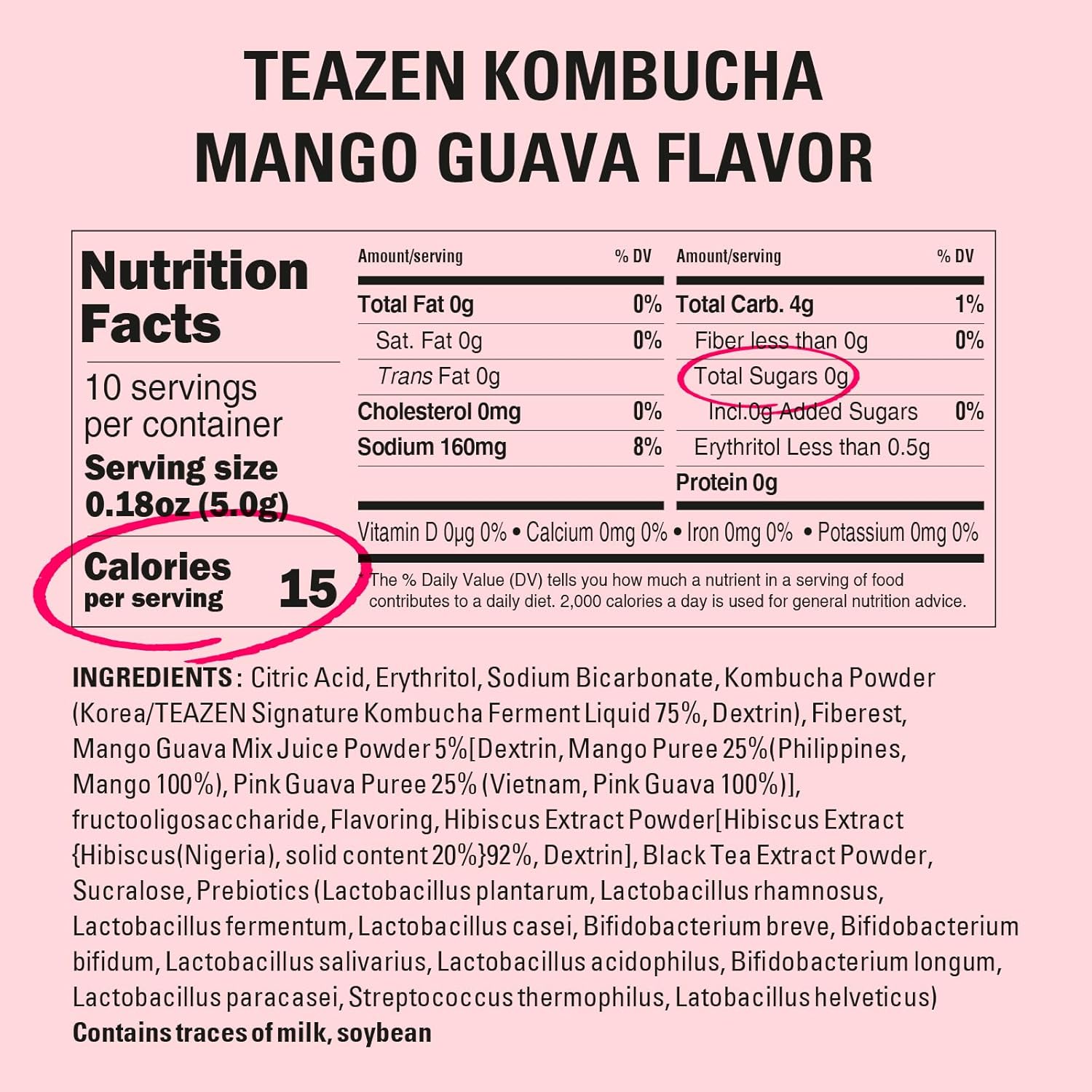 Teazen Mango Guava Kombucha Tea, Hydration Drink Mix, Sugar Free, Live Probiotics & Prebiotics, 10 Sticks, 1.76Oz