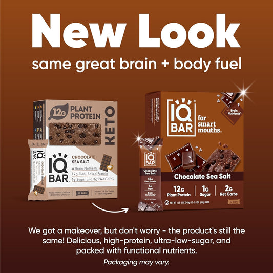 Iqbar Brain And Body Plant Protein Bars - Chocolate Sea Salt - 12 Count, Low Carb, High Fiber, Gluten Free, Vegan Snacks - Low Sugar Keto Energy Bar