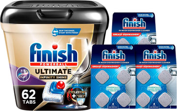 Bundle of Finish Ultimate Plus Infinity Shine - 62 Count - Detergent + Finish In-Wash Dishwasher Cleaner Tabs - 3 Count (Pack of 4) : Health & Household