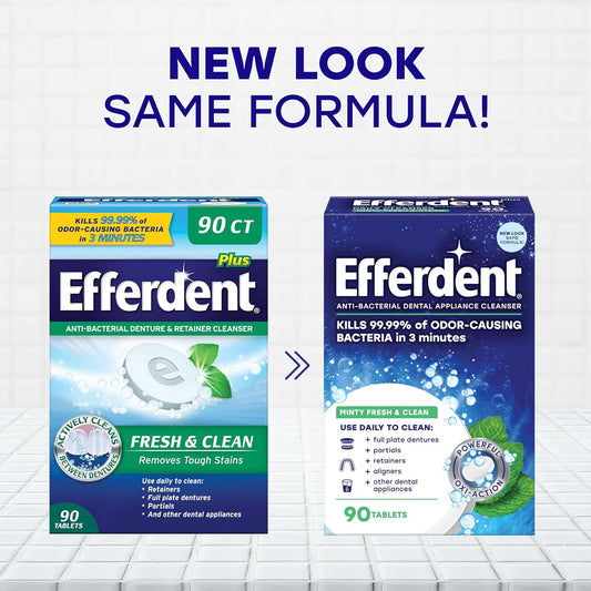 Efferdent Retainer Cleaning Tablets, Denture Cleanser Tablets For Dental Appliances, Fresh & Clean, Minty Fresh, 90 Tablets