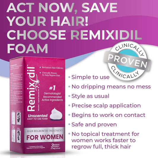 Remixidil Women’s 5% Minoxidil Foam | Hair Regrowth Treatment for Women | Clinically Proven Formula for Hair Loss and Hair Growth | No Scalp Irritation| 3-Month Supply : Beauty & Personal Care