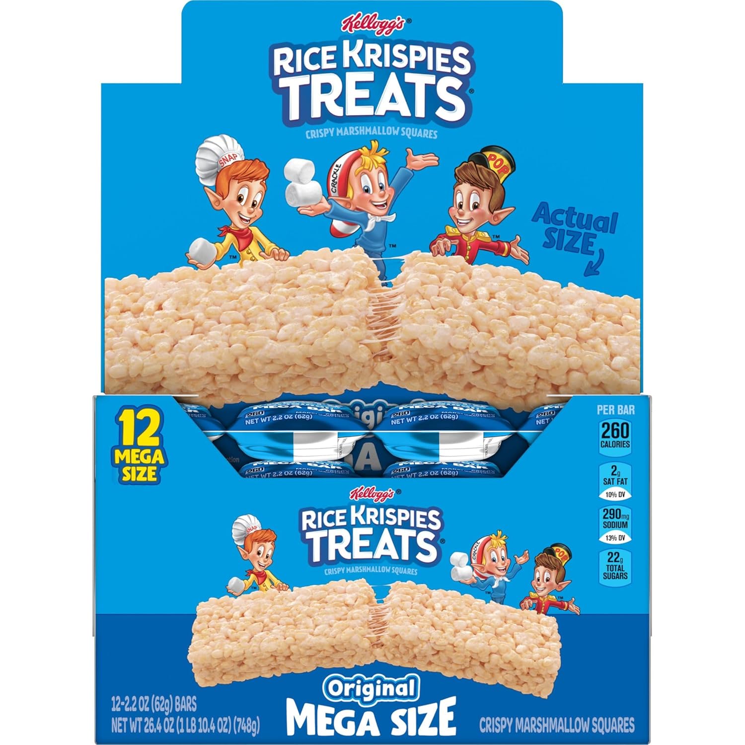 Rice Krispies Treats Mega Bars Large Marshmallow Snack Bars, Kids Snacks, Big Bars, Original, 26.4Oz Box (12 Bars)