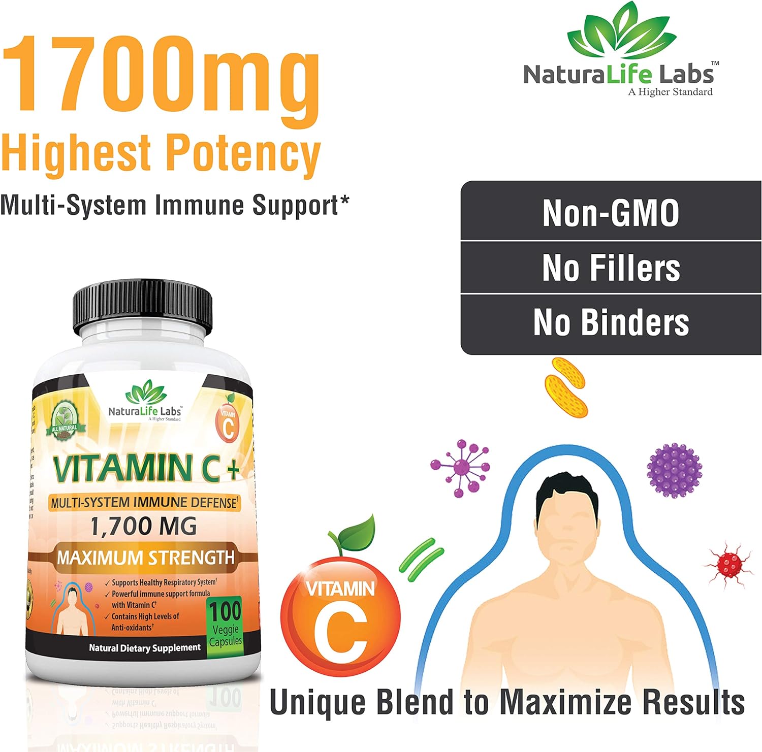 NaturaLife Labs A Higher Standard Vitamin C 1,700 MG with Vitamin D3, Zinc, Elderberry, Ginger Root - Maximum Strength Multi System Immune Support- 100 Veggie Capsules : Health & Household