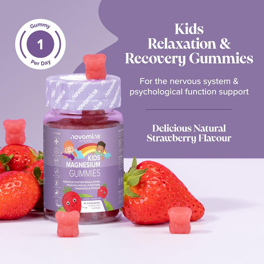 Kids Magnesium Gummies – 1 Month Supply – 546 Mg Magnesium Citrate Providing 60 Mg, Alternative To Magnesium Glycinate – 30 Chewable Vitamins Vegan Childrens Supplements - By Novomins