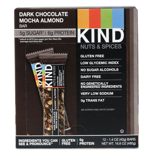 Kind Bars, Dark Chocolate Mocha Almond, Healthy Snacks, Gluten Free, Low Sugar, 5G Protein, 12 Count