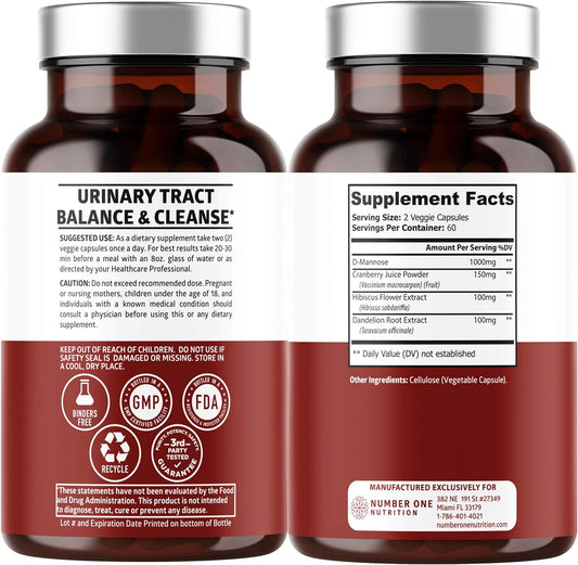 Number One Nutrition Premium D Mannose With Cranberry And Hibiscus [Max Strength, 1350Mg] Naturally Supports Urinary Tract Health, Flush Impurities And Bladder Health, 120 Veg Caps