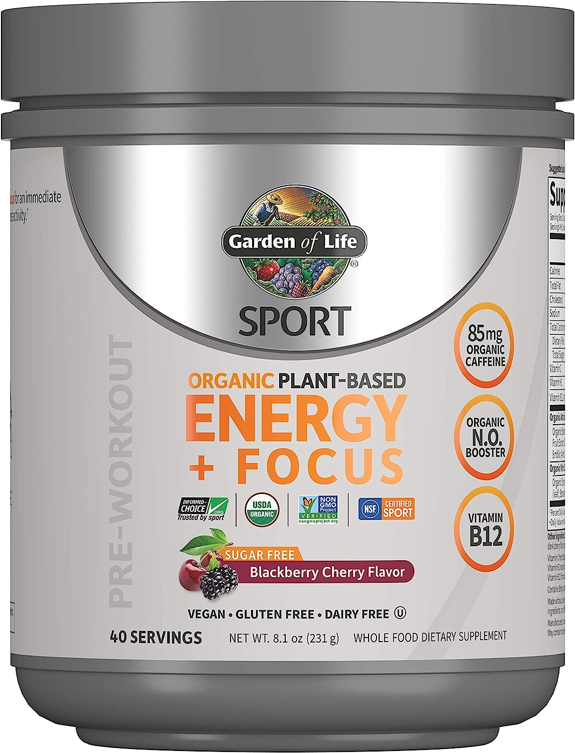 Garden of Life Sport Organic Plant-Based Energy + Focus Vegan Clean Pre Workout Powder, Sugar & Gluten Free BlackBerry Cherry with 85mg Caffeine, Natural NO Booster, B12, 40 Servings, 8.14 Oz