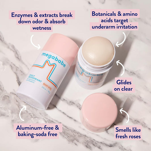 Megababe Underarm 2-Piece Bundle - Rosy Pits Daily Deodorant 2.6 Oz & Space Bar Detox Soap 3.5 Oz | Odor Protection, Aluminum Free