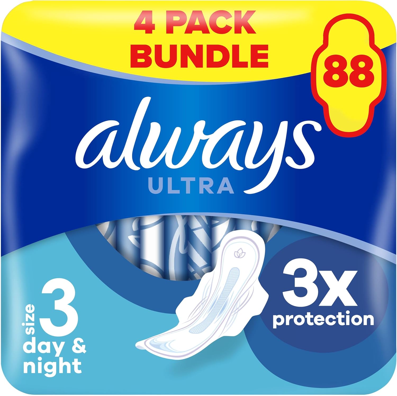 Always Ultra Sanitary Towels, Size 3, Day And Night, Heavy Flow, 88 Pads With Wings (22 x 4 Packs) SAVING PACK, Locks Wetness Leaks & Odours, Thin And Discreet