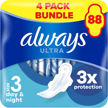 Always Ultra Sanitary Towels, Size 3, Day And Night, Heavy Flow, 88 Pads With Wings (22 x 4 Packs) SAVING PACK, Locks Wetness Leaks & Odours, Thin And Discreet