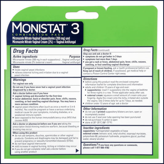 Monistat 3 Day Yeast Infection Treatment For Women, 3 Miconazole Suppository Inserts & External Monistat Anti-Itch Cream Bundle