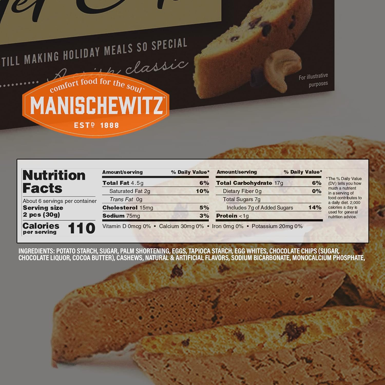 Manischewitz Chocolate Chip Nut Mandel Cuts 6oz (2 Pack), Dairy Free, Gluten Free & Grain Free Biscotti, Kosher for Passover : Everything Else