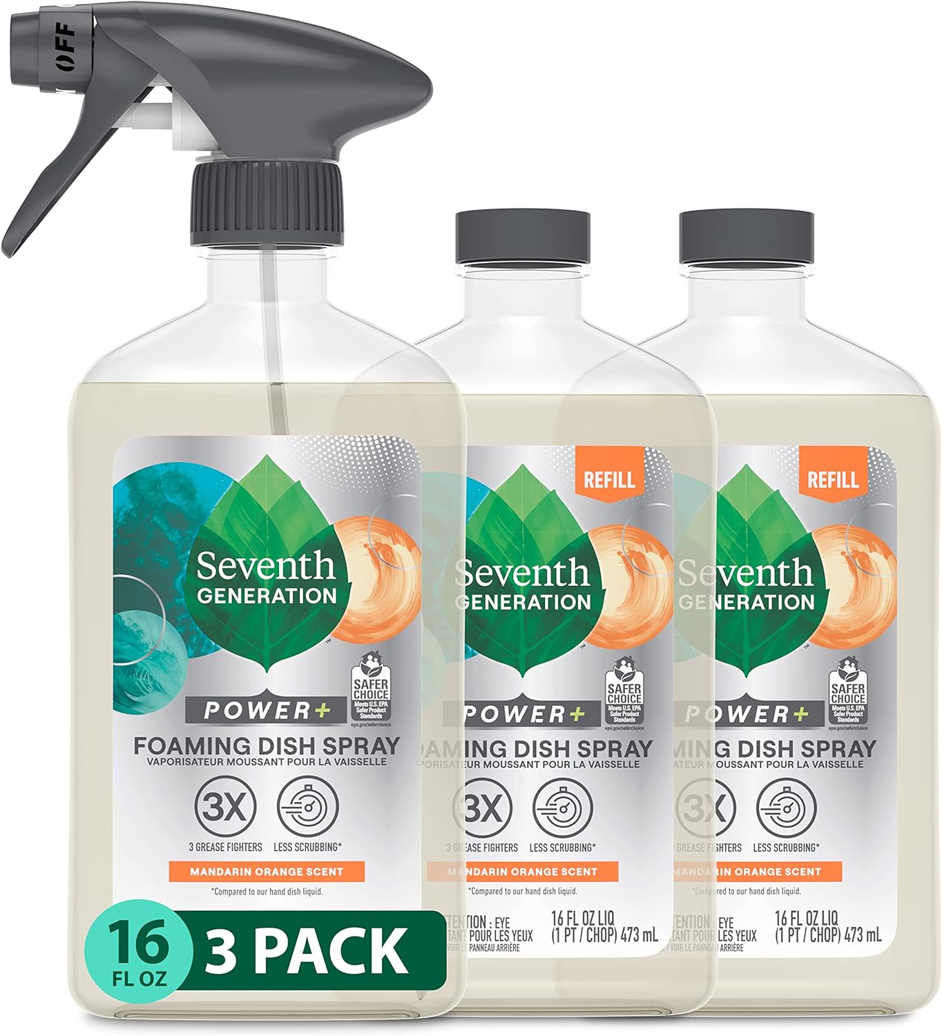 Seventh Generation Foaming Dish Spray, 3 Refills and 1 Sprayhead, 16 Fl Oz (Pack of 3)