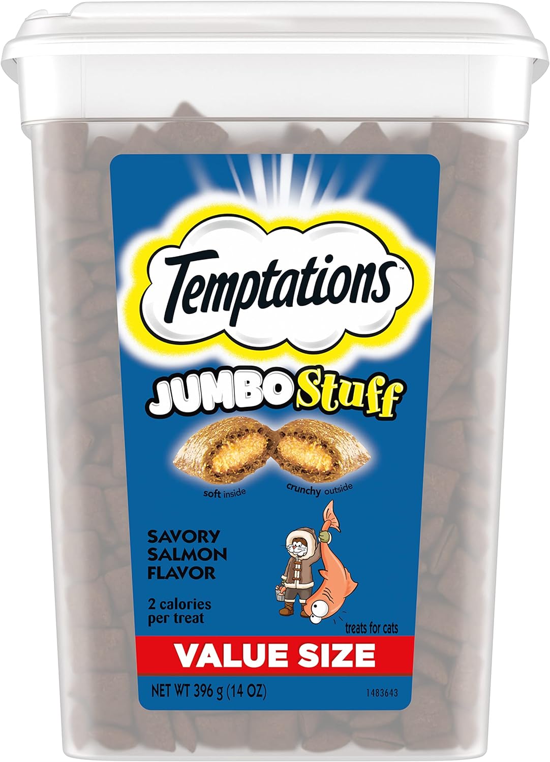 TEMPTATIONS Jumbo Stuff Crunchy and Soft Cat Treats, Savory Salmon Flavor, 14 oz. Tub