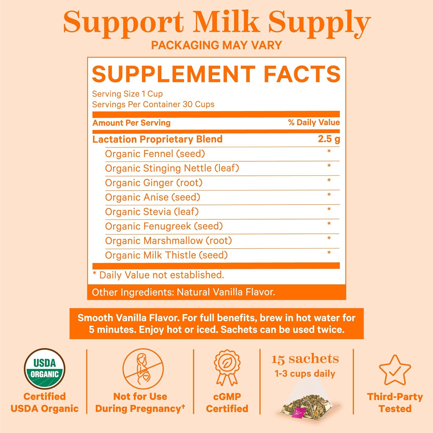 Pink Stork Organic Lactation Support Tea for Breast Milk Supply - Fenugreek, Milk Thistle, Fennel - Breastfeeding Essentials, Caffeine-Free - 15 Sachets, Smooth Vanilla : Grocery & Gourmet Food