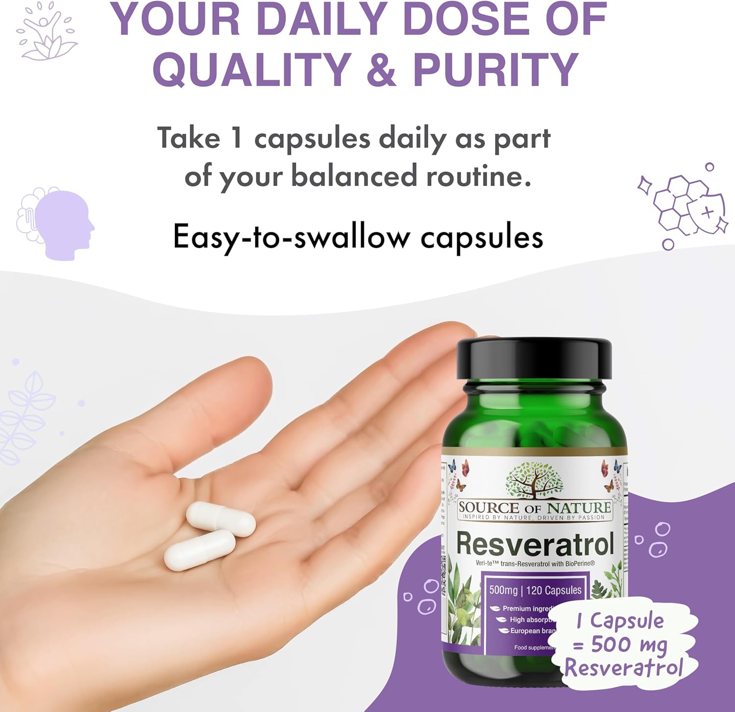 Trans-Resveratrol 500 Mg | 90 Vegan Capsules | High Strength | 98% Purity | Naturally Fermented | With Piperine | Lab Tested | Premium Quality