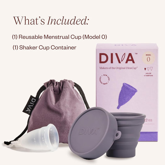 DIVA Cup & Shaker - Medical Grade Silicone Cup for Period Care - Reusable Menstrual Cup with Shaker for On-the-Go Cleansing - Wear Up to 12 Hours - Model 0 (Slim Vaginal Canals & First-Time Users)