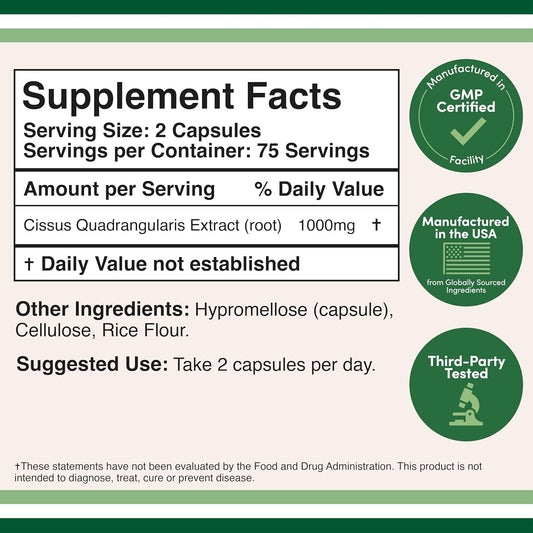 Cissus Quadrangularis Super Extract, 150 Capsules (Non-Gmo, Gluten Free) Dietary Supplement For Joint And Tendon Health, 1000Mg Serving Size