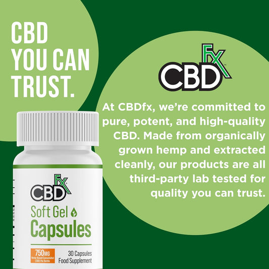 Cbdfx 750Mg Cbd High Strength Broad Spectrum Soft Gel Cbd Capsules, 25Mg Cbd Per Capsule, Organic, Gluten-Free, 30 Capsules In Total (15-30 Days)