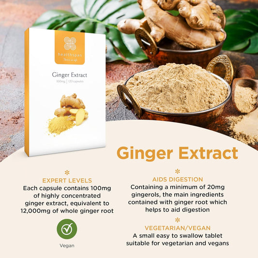 Healthspan Ginger Extract 100Mg (4 Months' Supply) | Support Your Digestive Health | Equivalent To 12,000Mg Of Whole Ginger Root | Providing 20Mg Gingerols | Easy To Swallow Capsules | Vegan