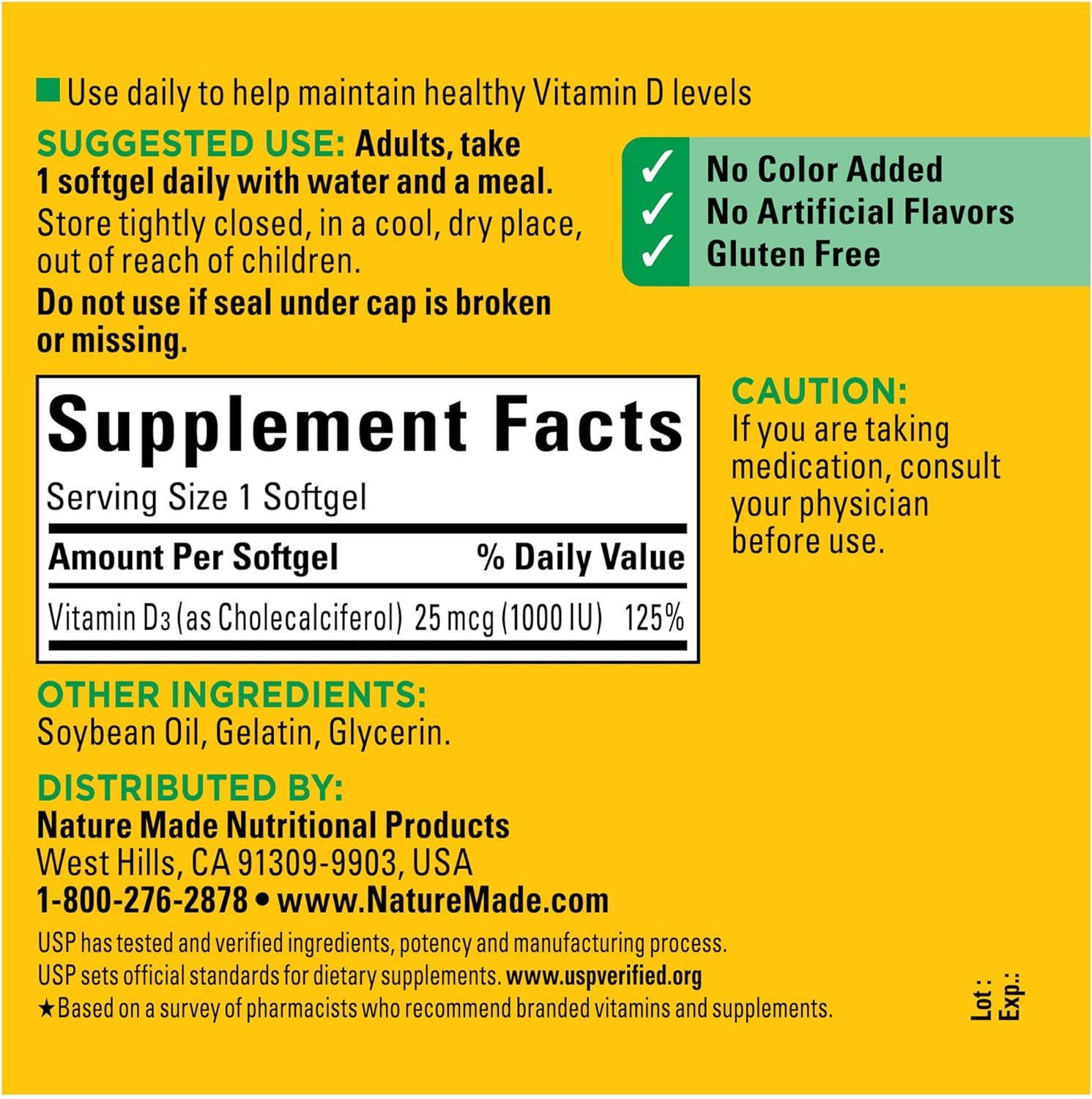 Nature Made Vitamin D3 1000 IU (25 mcg), Dietary Supplement for Bone, Teeth, Muscle and Immune Health Support, 300 Softgels, 300 Day Supply : Health & Household