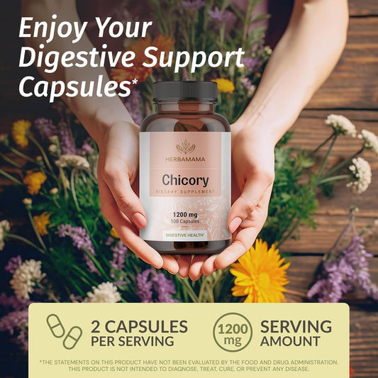 Herbamama Chicory Root Fiber Capsules - 1200Mg Chicory Root Powder For Gut Cleanse & Digestive Support - Vegan, Non-Gmo Inulin Prebiotic Fiber Supplement, 250 Caps