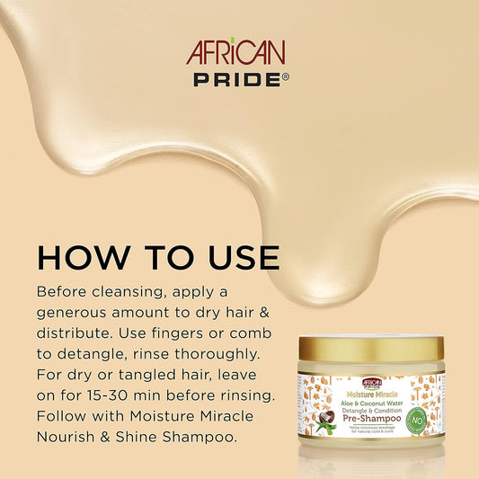 African Pride Moisture Miracle Pre-Shampoo, & Honey & Coconut Oil Shampoo - Helps Repair & Replenish Moisture to Natural Coils & Curls, Nourishes & Shines, 12 Oz