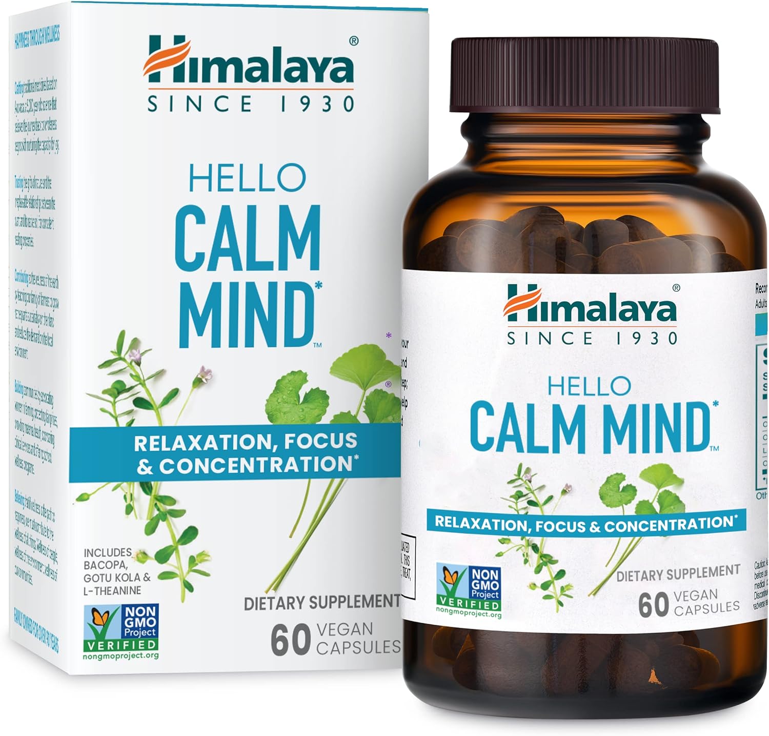 Himalaya Hello Calm Mind Herbal Supplement, With Bacopa, L-Theanine, Gotu Kola, Supports Concentration & Focus, Cognitive Function, Clear Thinking, Relaxation, Vegan, Gluten Free, 60 Capsules