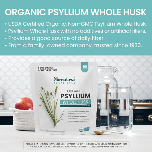 Himalaya Organic Psyllium Whole Husk, Natural Daily Fiber Supplement, Regularity, Appetite Management, Usda Certified Organic, Non-Gmo, 56-Tablespoon Supply, Unflavored, 12 Oz