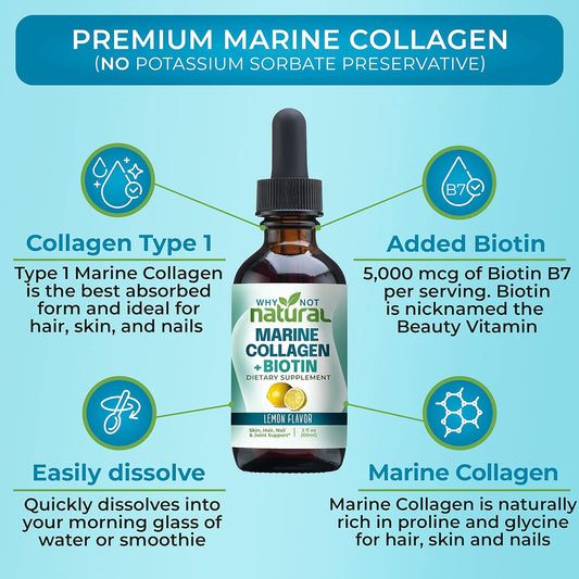 Why Not Natural Liquid Collagen For Women And Men With Biotin - Marine Collagen Elixir Plus Biotin Drops Supplements For Hair Growth, Skin, And Nails