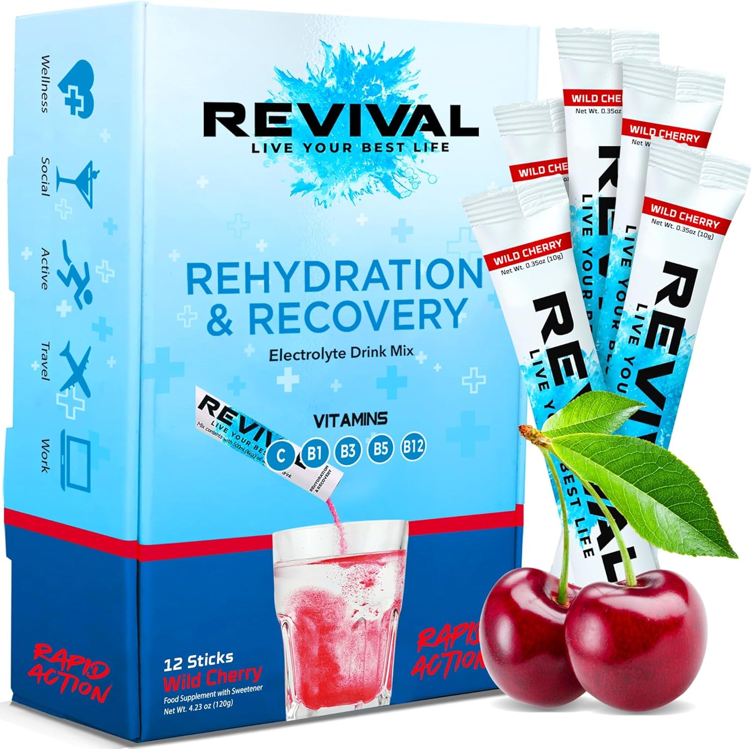 Revival Rapid Rehydration, Electrolytes Powder - High Strength Vitamin C, B1, B3, B5, B12 Supplement Sachet Drink, Effervescent Electrolyte Hydration Tablets - 12 Pack Cherry