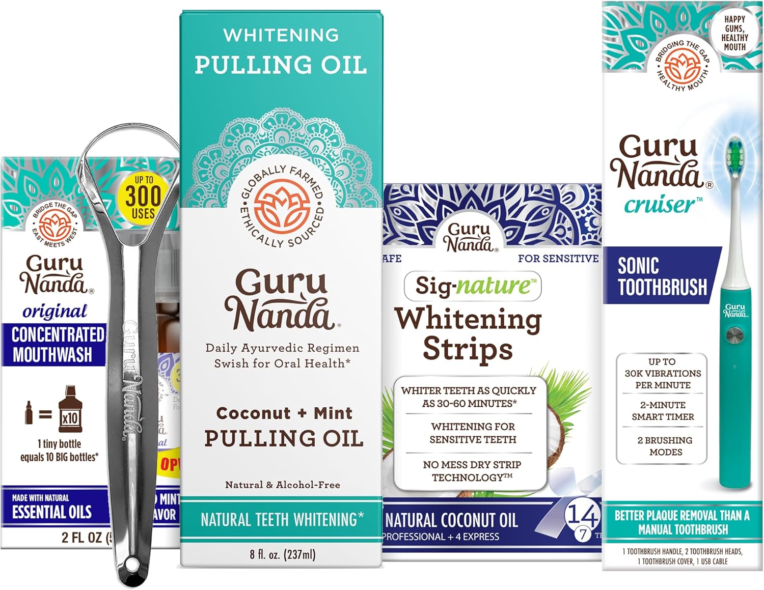 Gurunanda Coconut Oil Pulling (8 Fl.Oz) With Tongue Scraper, Teeth Whitening Strips, Concentrated Mouthwash (2 Fl Oz)& Cruiser Sonic Toothbrush (Teal)