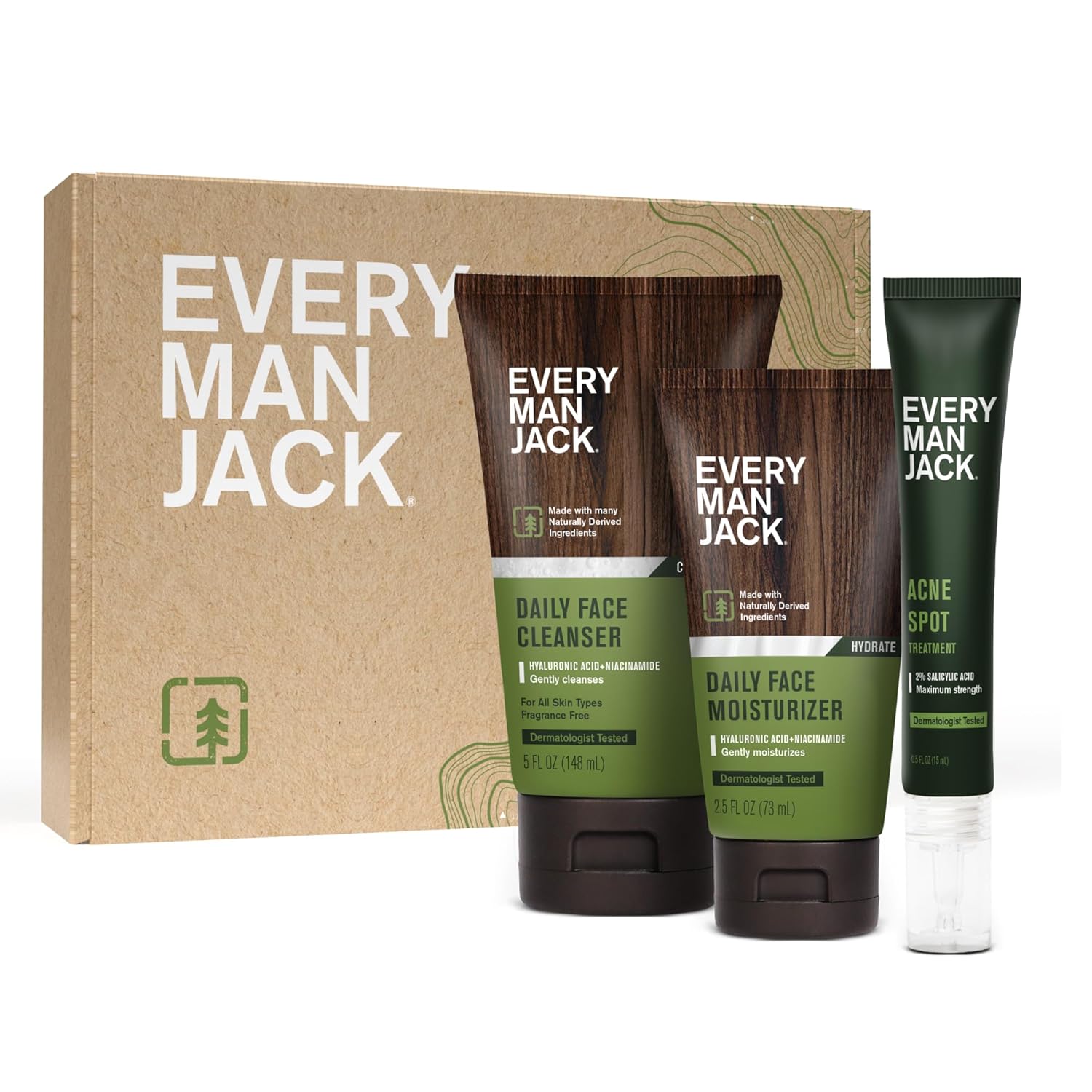 Every Man Jack Daily Skin Care Set -Three Full-Size, Fragrance Free Skin Care Essentials For A Complete Routine - Face Wash, Face Lotion, Acne Spot Treatment
