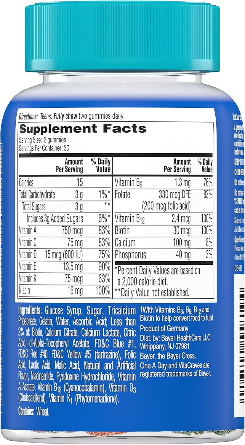 One A Day Teen for Him Multivitamin Gummies, Gummy Multivitamins with Vitamin A, C, D, E and Zinc for Immune Health Support, Physical Energy & more, 60 Count : Health & Household