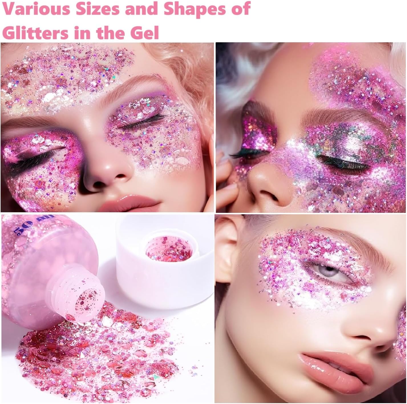 Beliky Girl Body Glitter Gel, 50ML Face Glitters Body Gel Sequins Shimmer Liquid Eyeshadow, Mermaid Sequins Liquid Holographic Glitter Gel, Chunky Glitter for Face Hair Nails (Pink) : Amazon.co.uk: Beauty