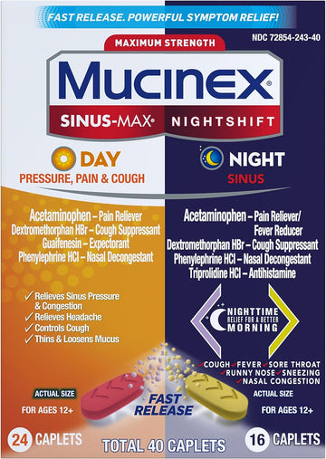 Mucinex Maximum Strength Sinus-Max Pressure, Pain & Cough & Nightshift Sinus Caplets, Fast Release, Powerful Multi-Symptom Relief, 40 Count